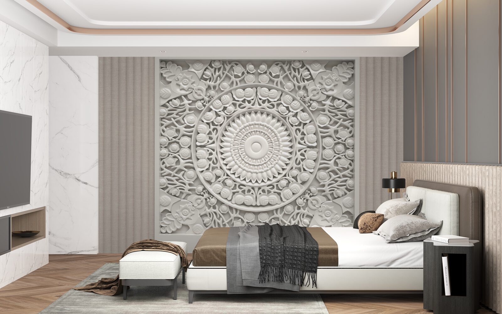 Fototapeten Ein Bas -Relief mit einem Volumen auf grauem Hintergrund