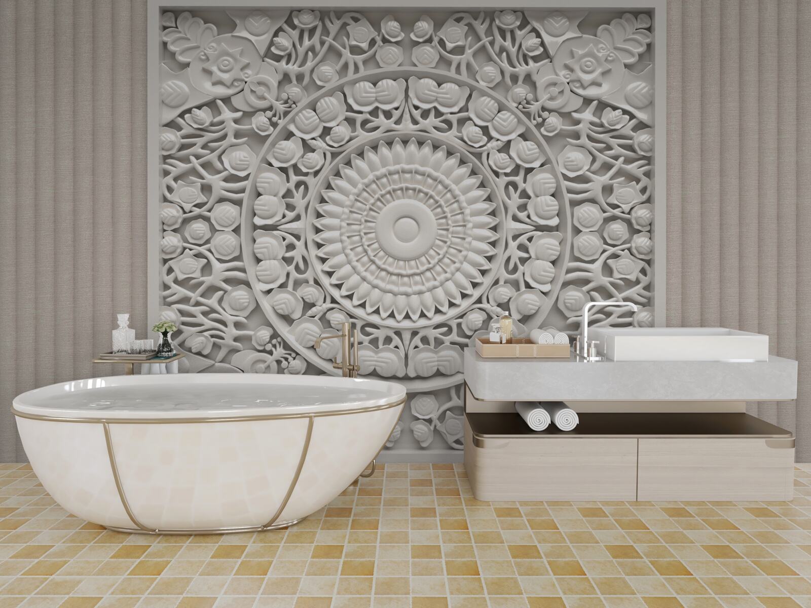 Fototapeten Ein Bas -Relief mit einem Volumen auf grauem Hintergrund
