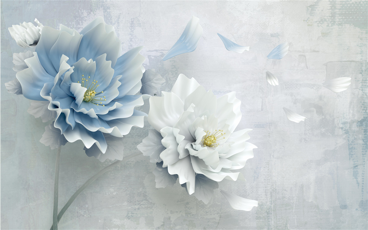 Fototapeten Ein abstraktes Bild einer weißen und blauen Blume vor dem Hintergrund der Berge