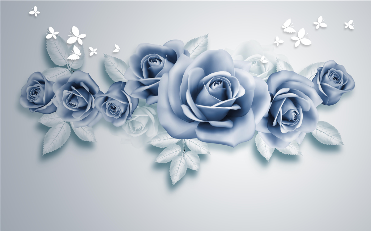 Fototapeten Schnee -weiße Schmetterlinge und weiche blaue Rosen