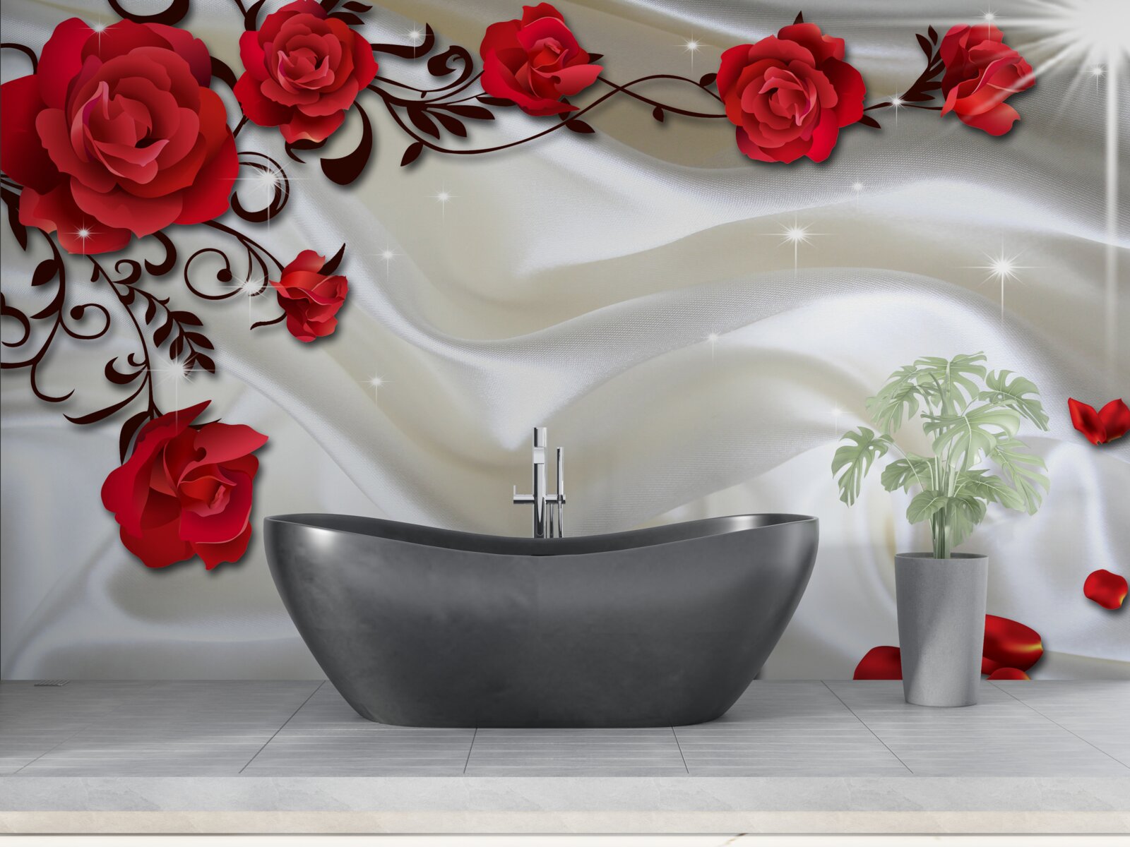 Fototapeten Zweige von roten Rosen auf einem weichen Seidenhintergrund