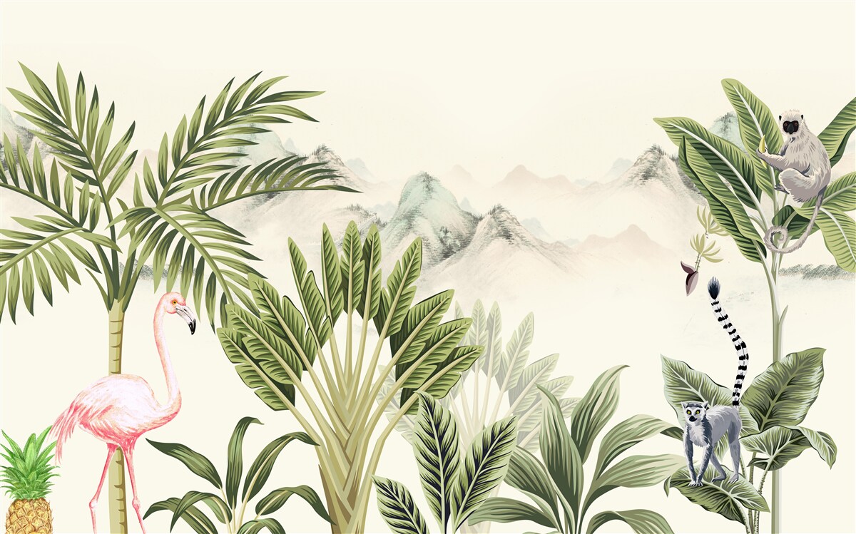 Fototapeten Exotische Tropen und pastellrosa Flamingos