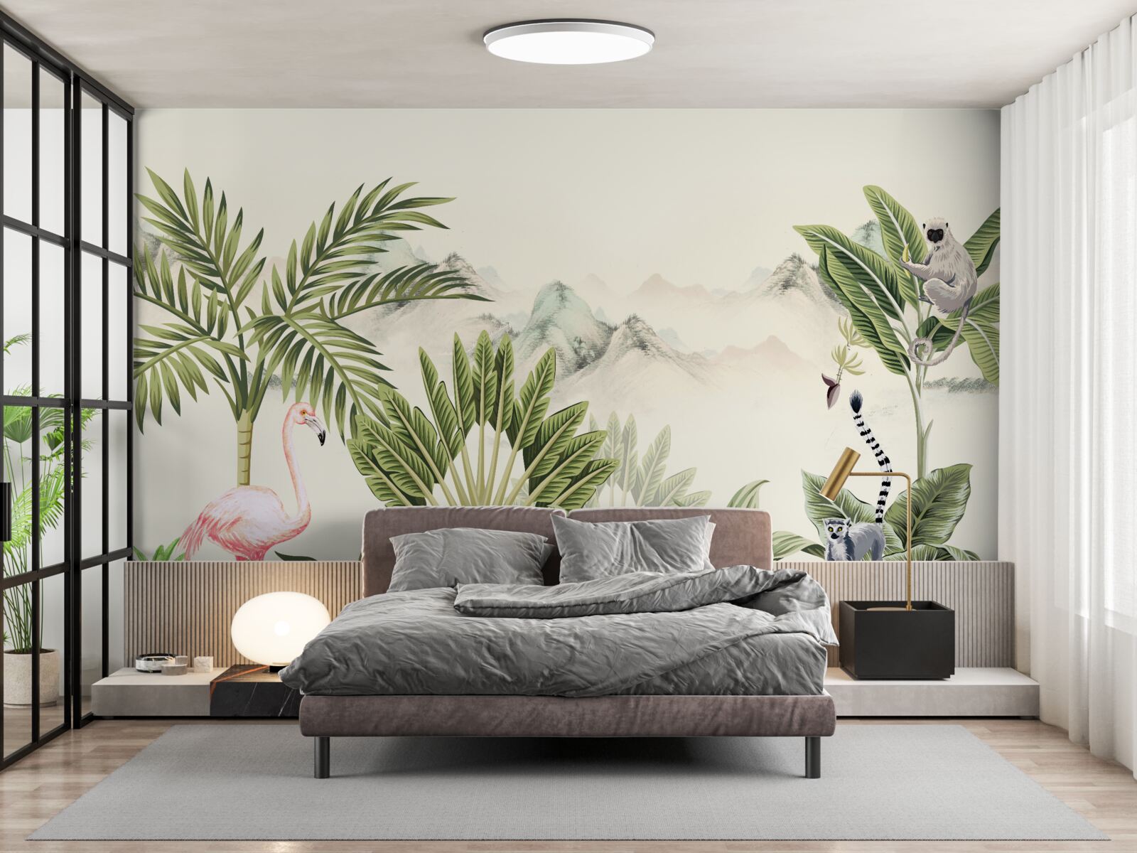Fototapeten Exotische Tropen und pastellrosa Flamingos