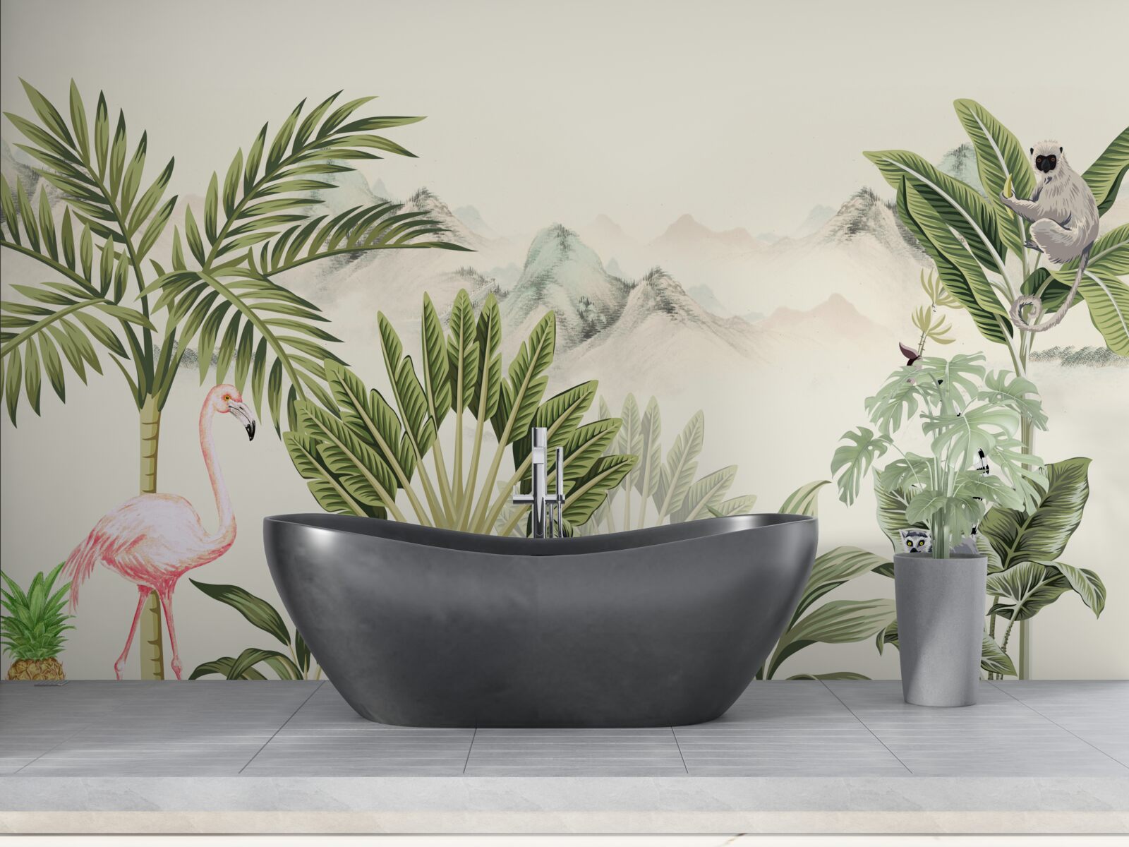Fototapeten Exotische Tropen und pastellrosa Flamingos