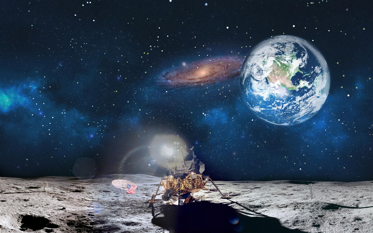 Fototapeten Blick auf die Erde aus einer Raumperspektive des Mondes mit futuristischen Elementen