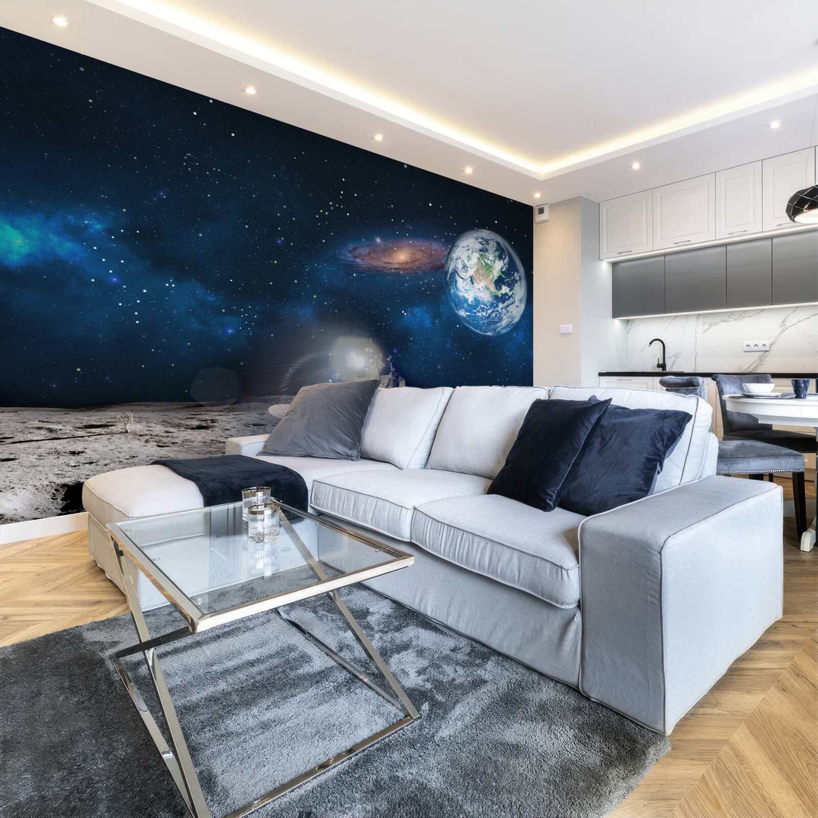 Fototapeten Blick auf die Erde aus einer Raumperspektive des Mondes mit futuristischen Elementen