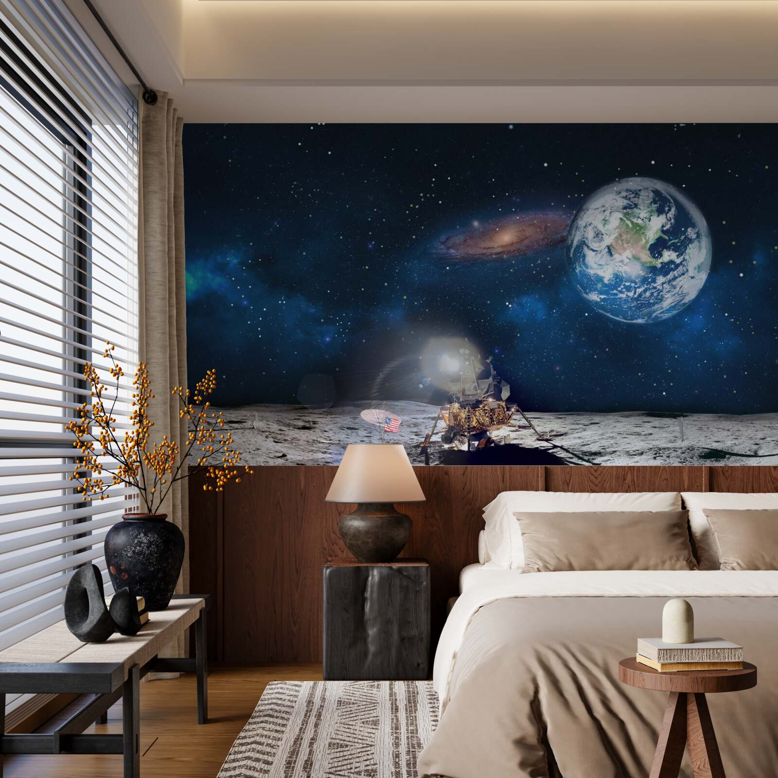 Fototapeten Blick auf die Erde aus einer Raumperspektive des Mondes mit futuristischen Elementen