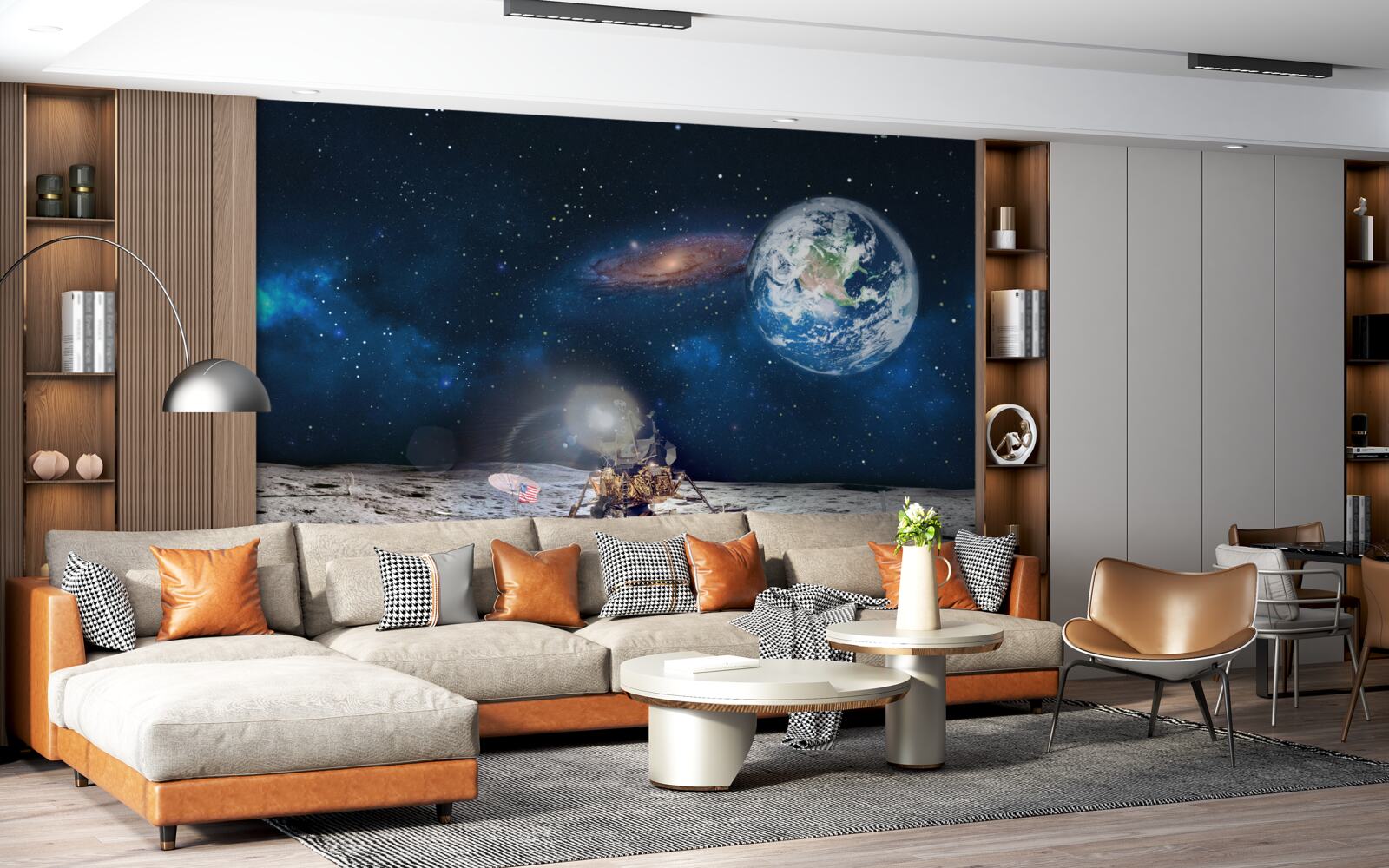Fototapeten Blick auf die Erde aus einer Raumperspektive des Mondes mit futuristischen Elementen