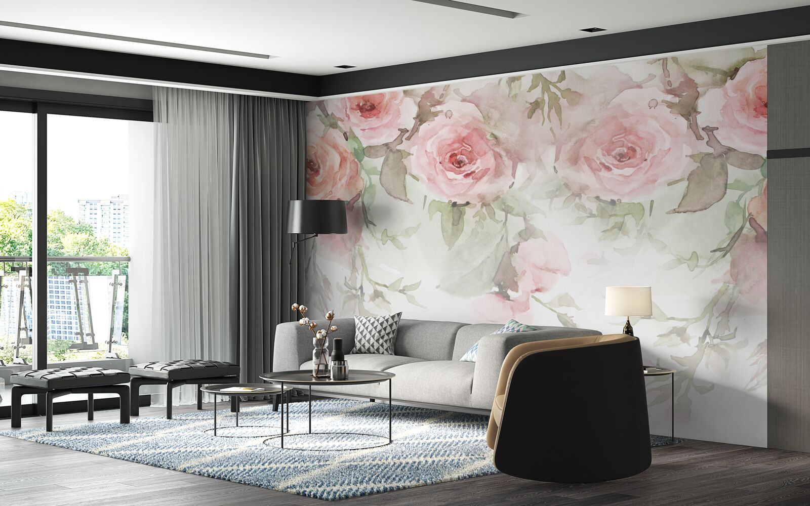 Fototapeten Riesige, rosa Blumen hängen