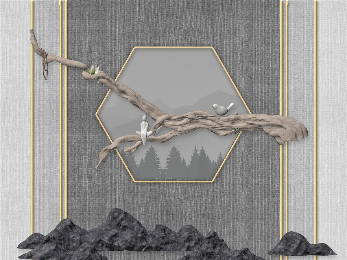 Fototapeten Vögel auf Bonsi -Zweigen über den dunklen Berggipfeln