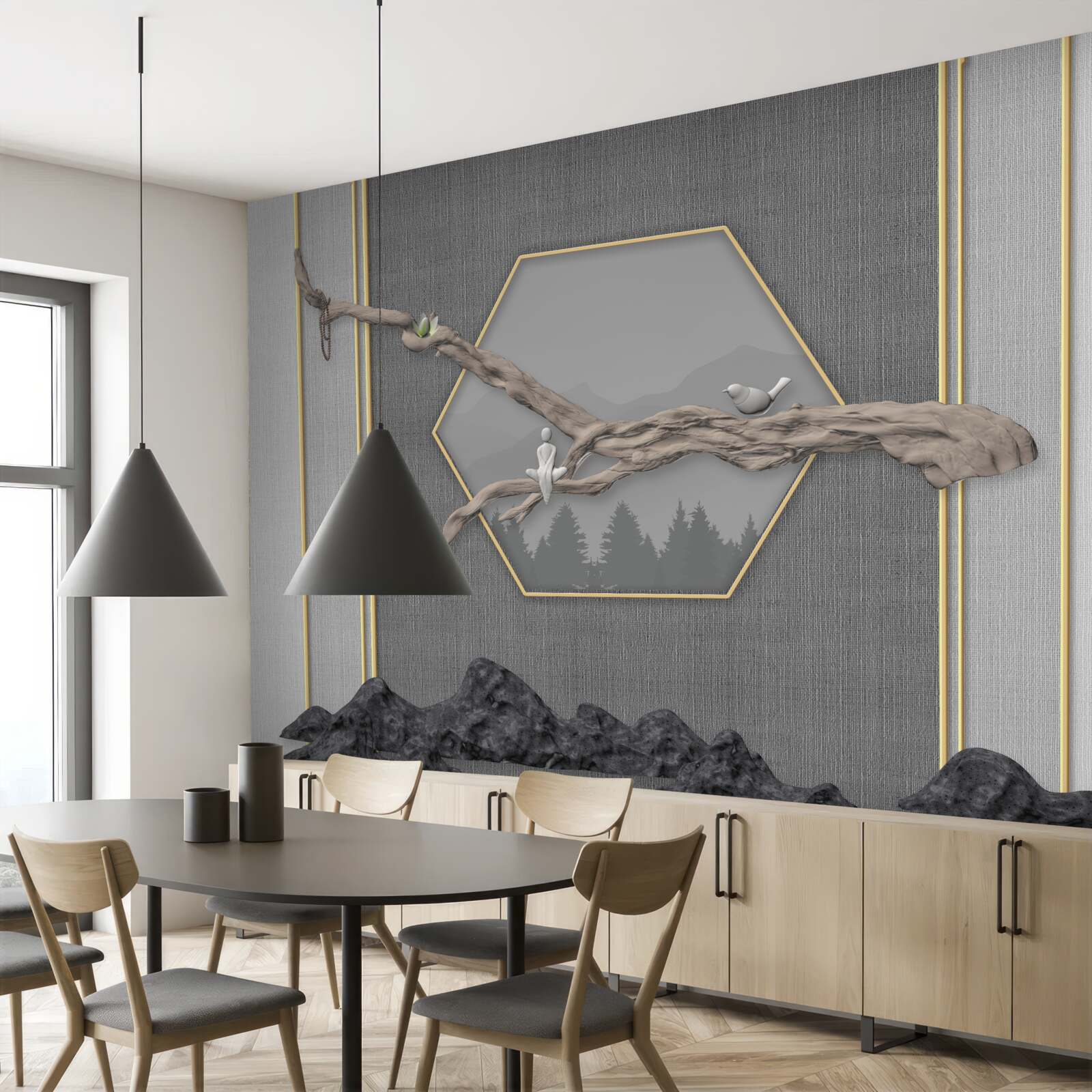 Fototapeten Vögel auf Bonsi -Zweigen über den dunklen Berggipfeln