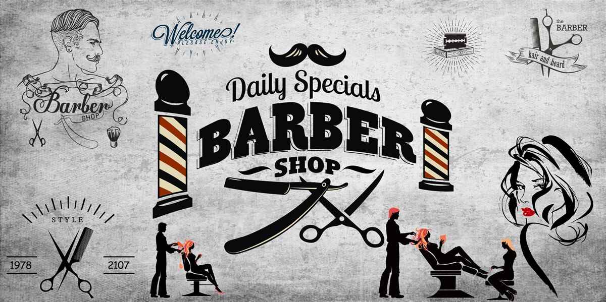 Fototapeten Werbung eines Friseursalons an der Fassade