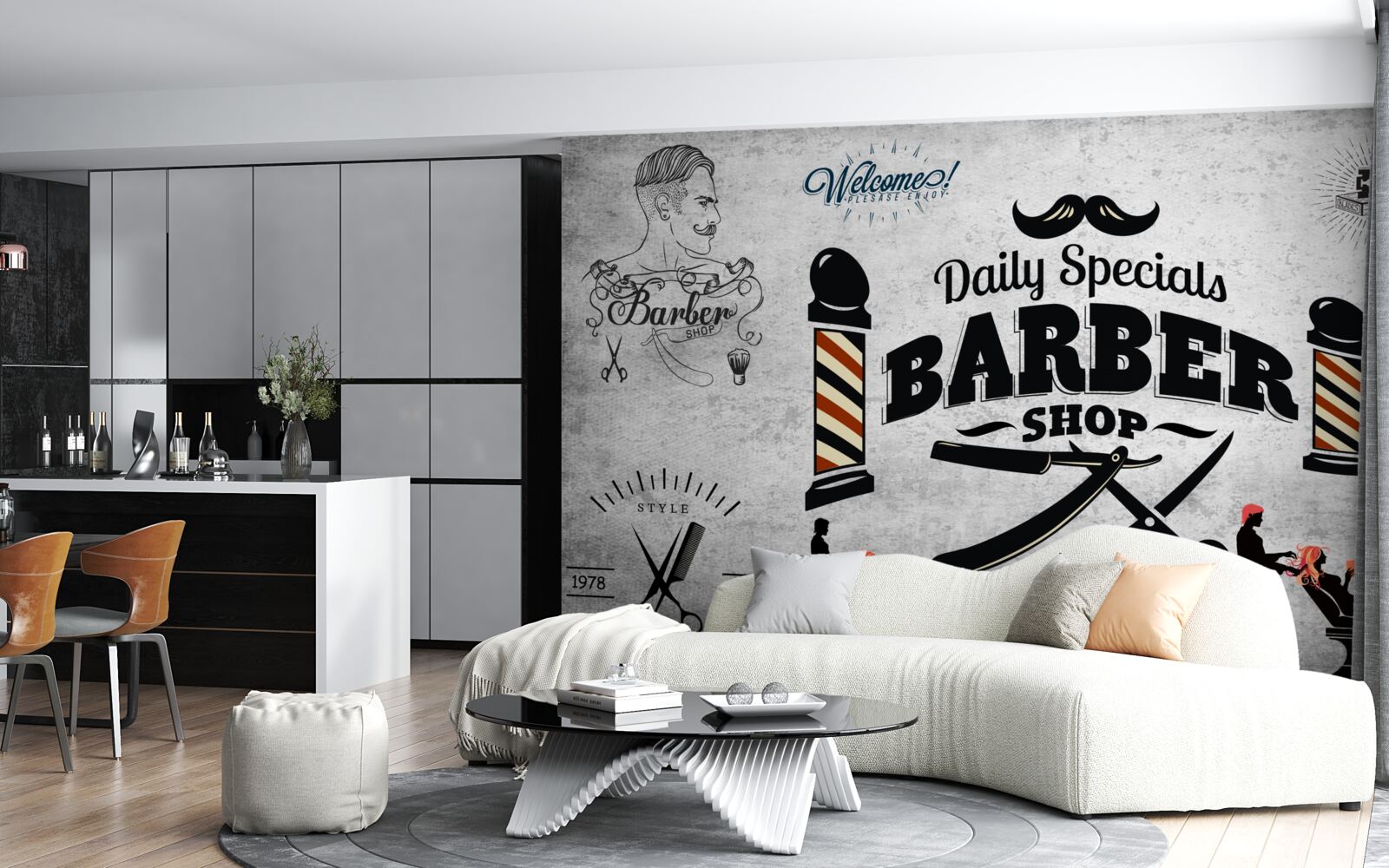 Fototapeten Werbung eines Friseursalons an der Fassade