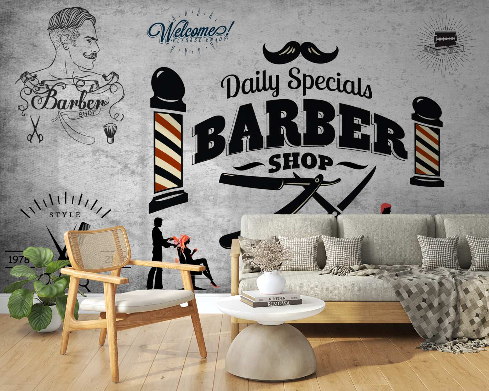 Fototapeten Werbung eines Friseursalons an der Fassade