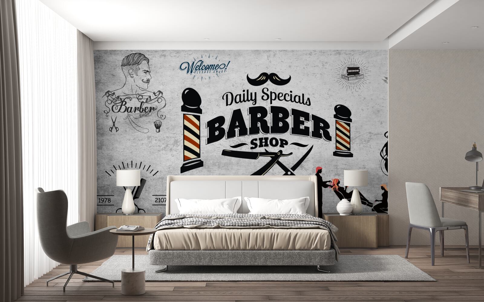 Fototapeten Werbung eines Friseursalons an der Fassade