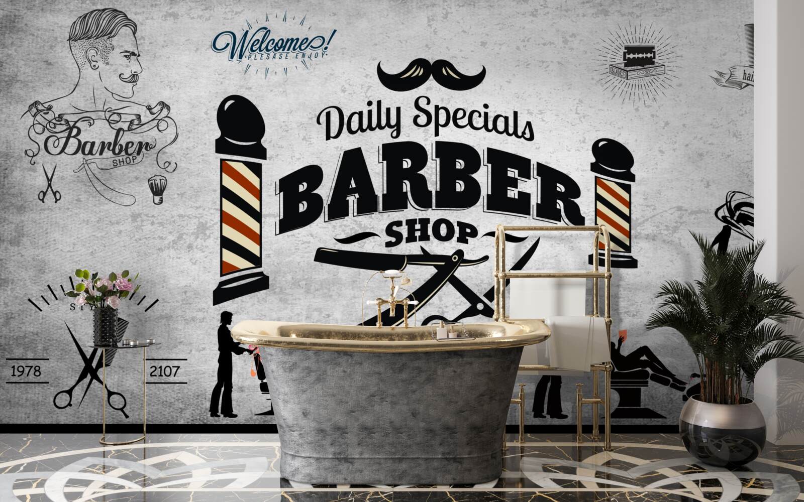 Fototapeten Werbung eines Friseursalons an der Fassade