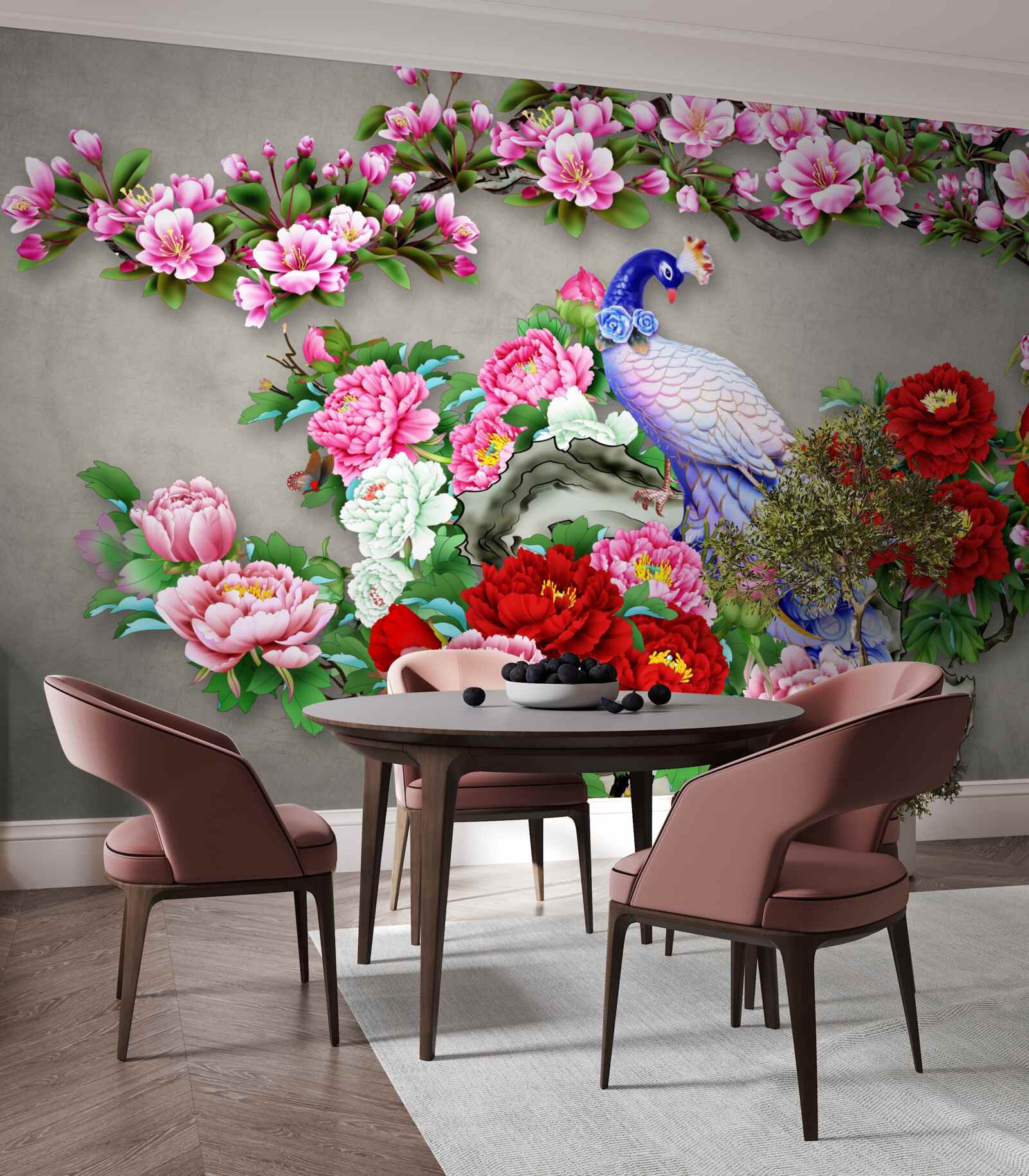 Fototapeten Pfote mit wunderschönem Gefieder an den Zweigen blühender Magnolien und Rosen