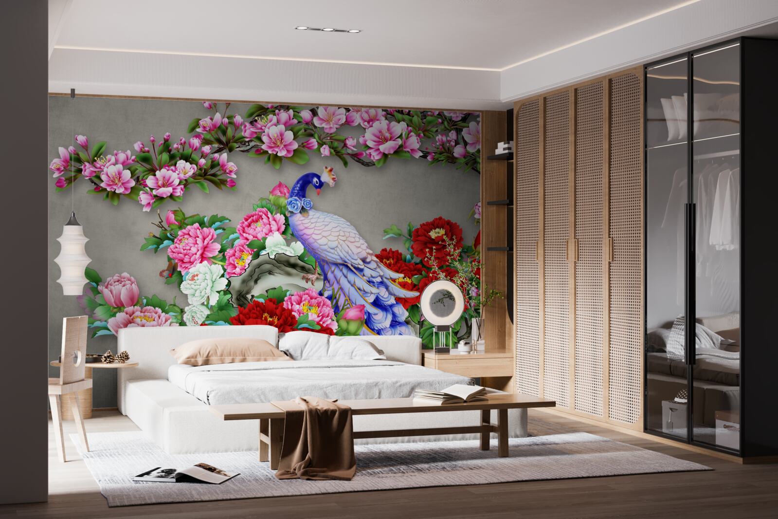 Fototapeten Pfote mit wunderschönem Gefieder an den Zweigen blühender Magnolien und Rosen