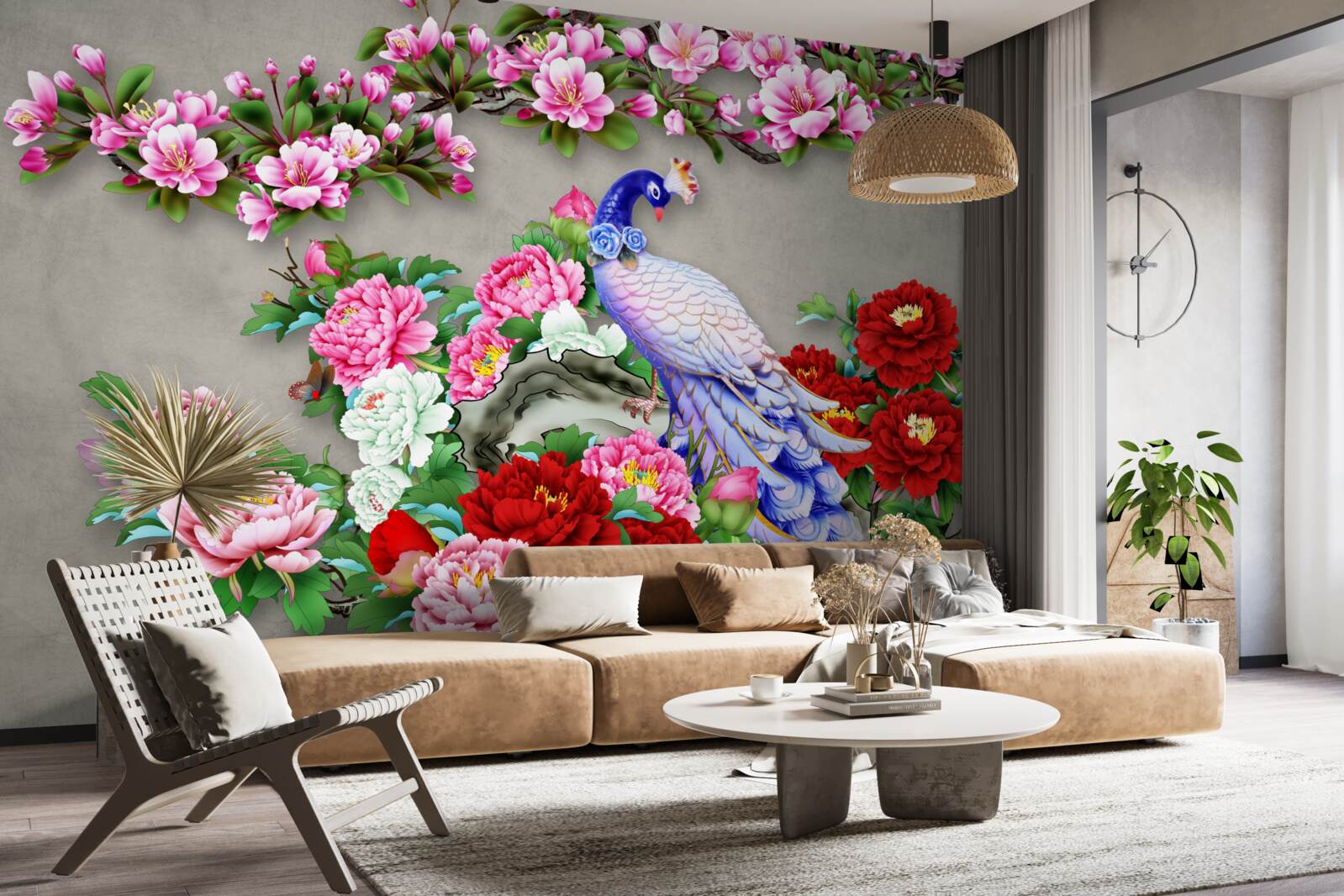 Fototapeten Pfote mit wunderschönem Gefieder an den Zweigen blühender Magnolien und Rosen