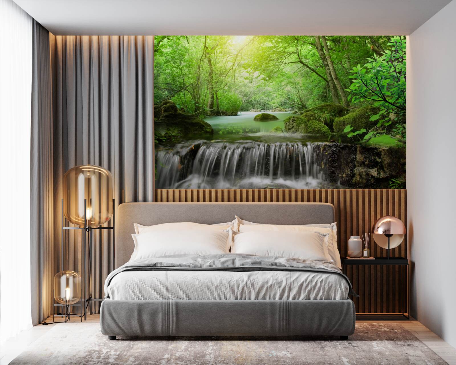 Fototapeten Die Sonnenstrahlen erreichen den Wasserfall