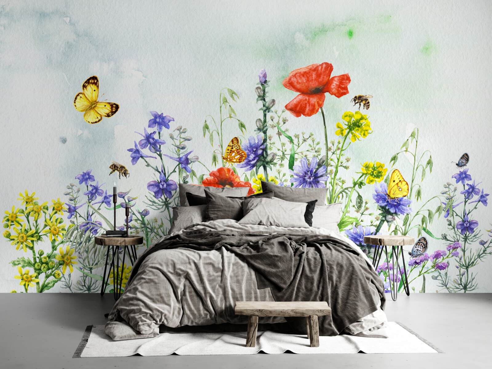 Fototapeten Spektakuläre Schmetterlinge und Wieseblumen im Sommer