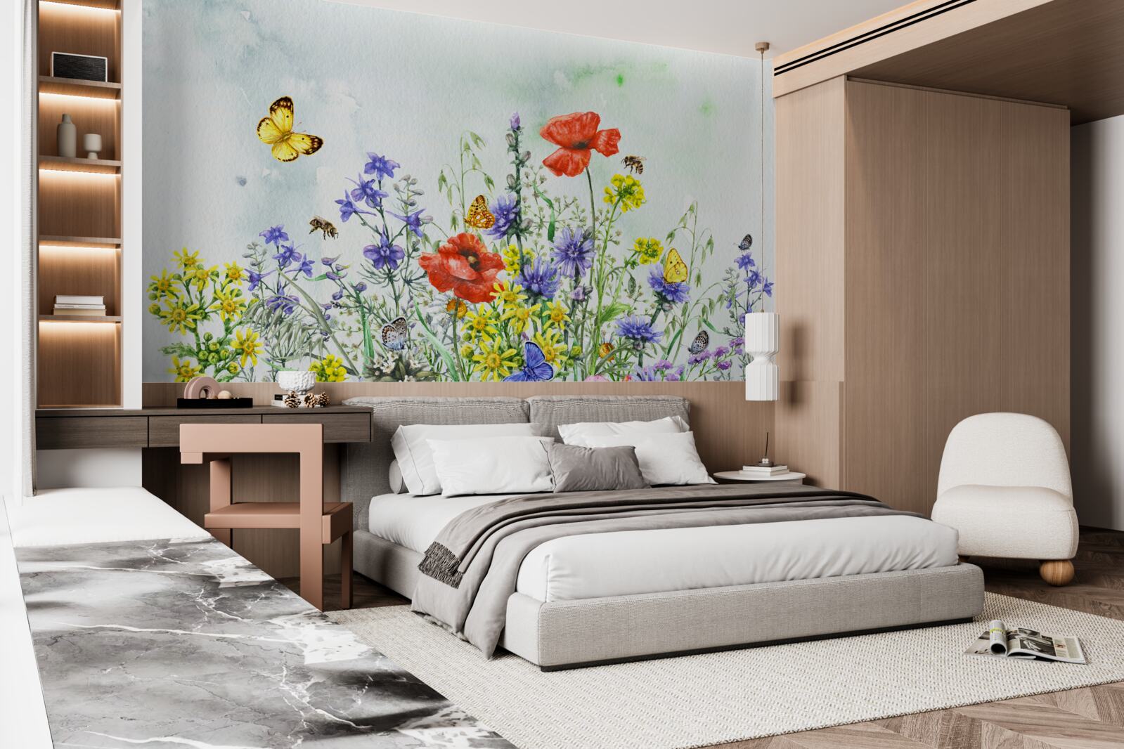 Fototapeten Spektakuläre Schmetterlinge und Wieseblumen im Sommer