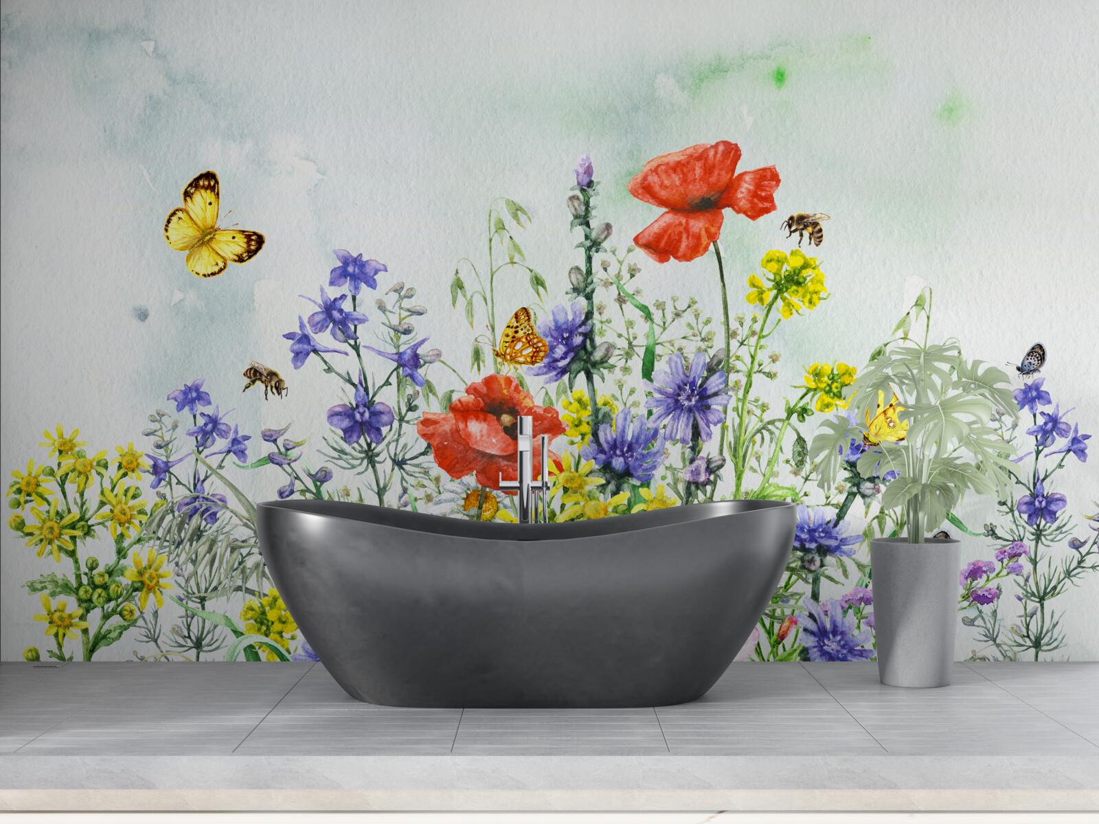 Fototapeten Spektakuläre Schmetterlinge und Wieseblumen im Sommer