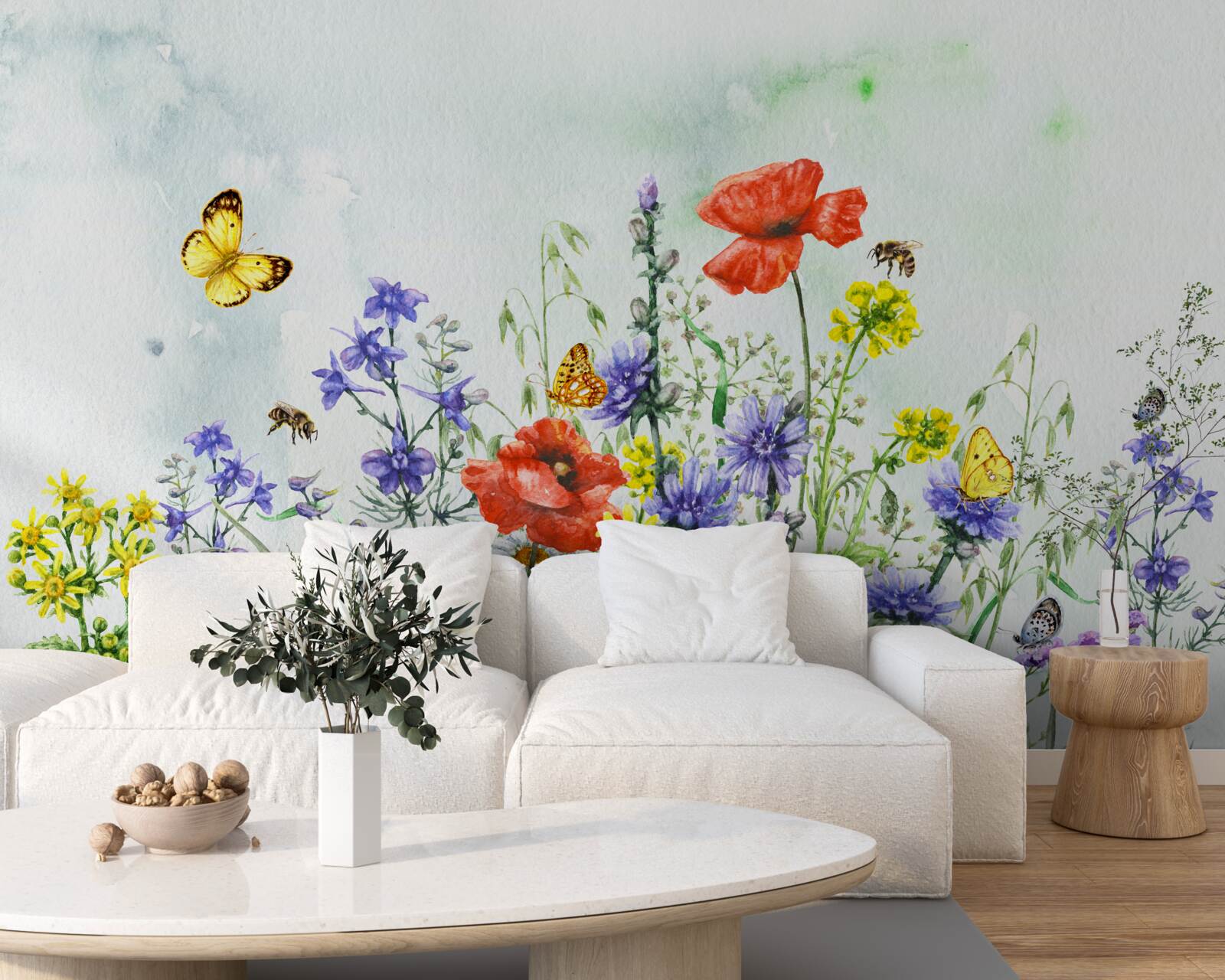 Fototapeten Spektakuläre Schmetterlinge und Wieseblumen im Sommer
