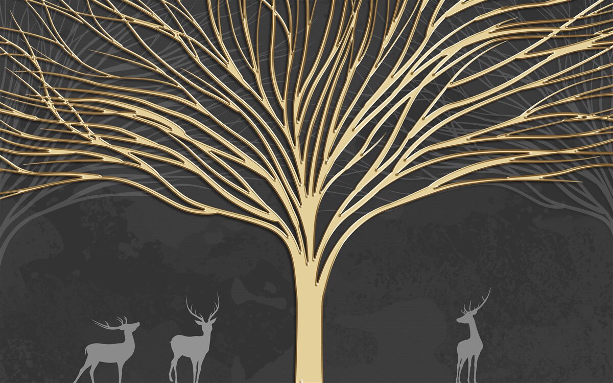 Fototapeten Eine Hirschherde und ein goldener Baum