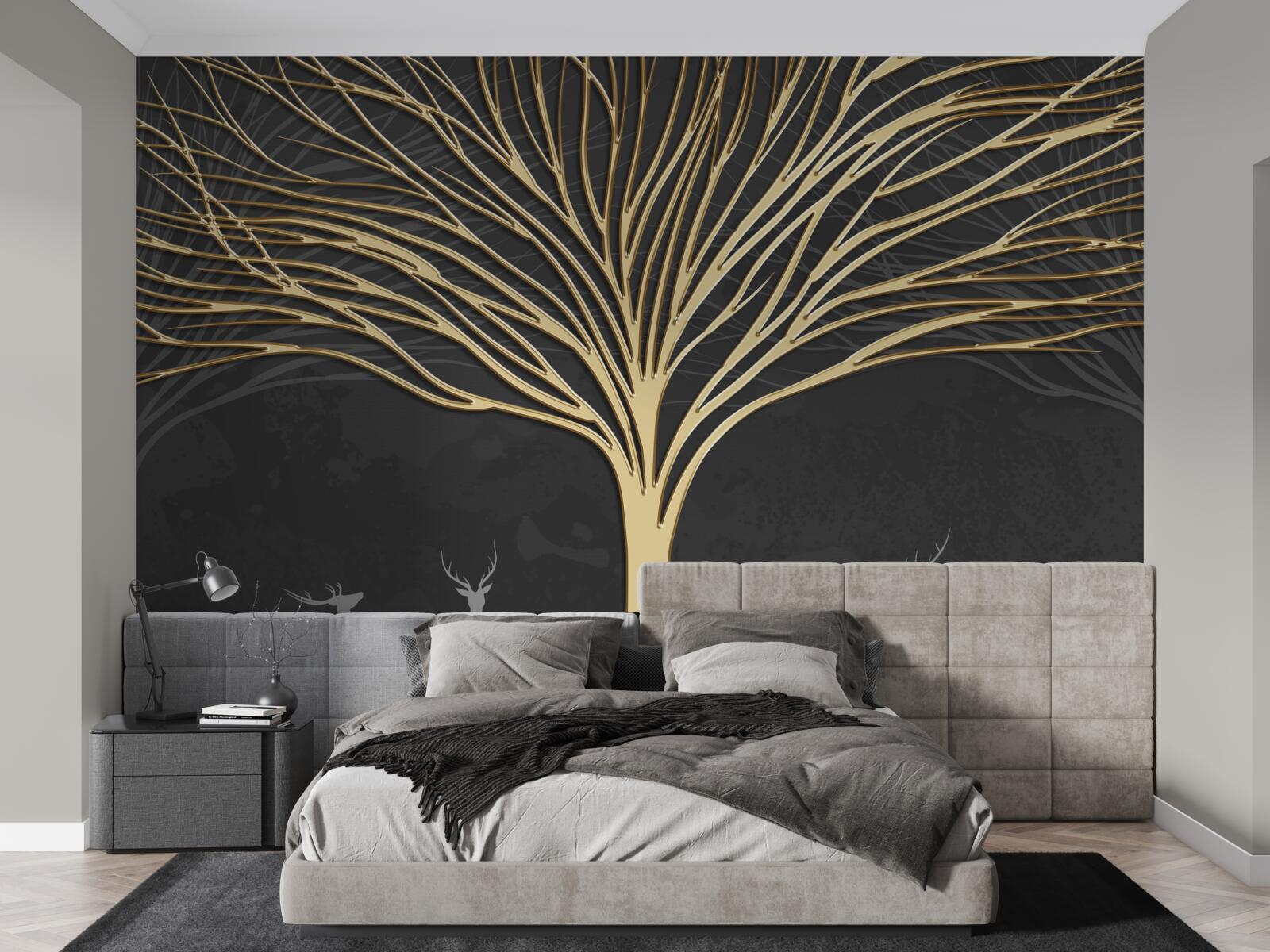 Fototapeten Eine Hirschherde und ein goldener Baum
