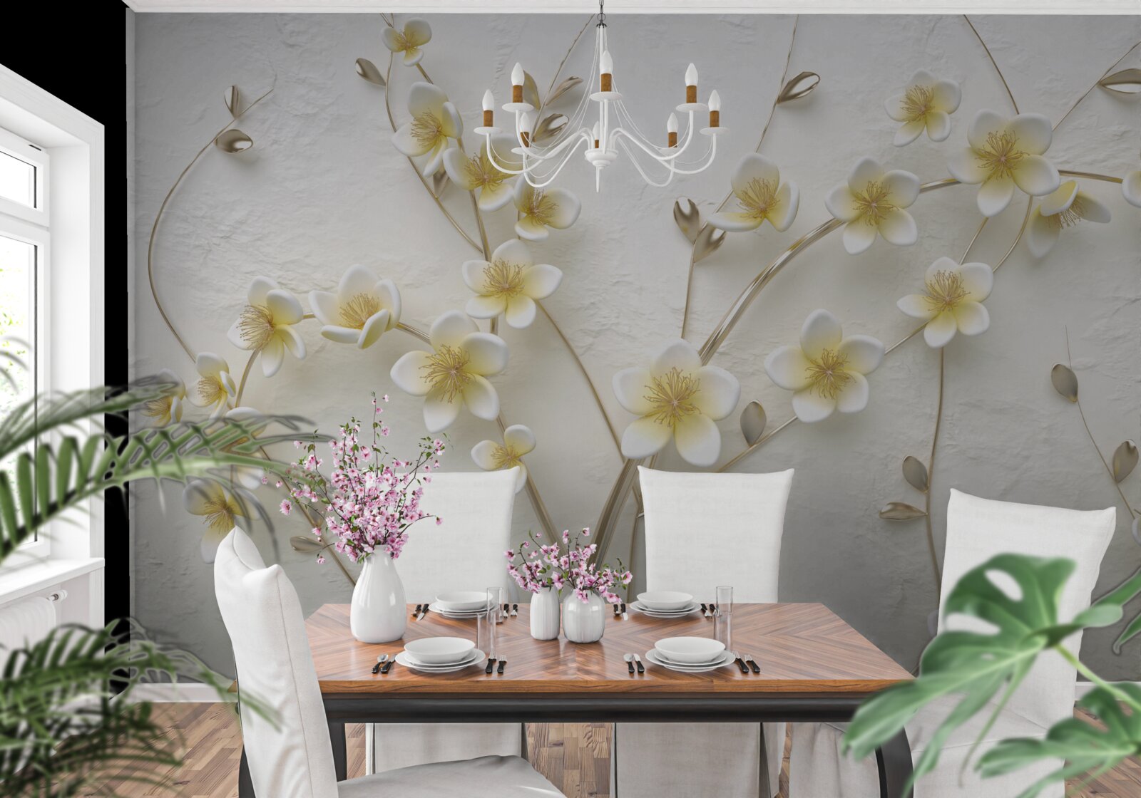 Fototapeten Weiße Magnolienzweige mit einem gelben Kern