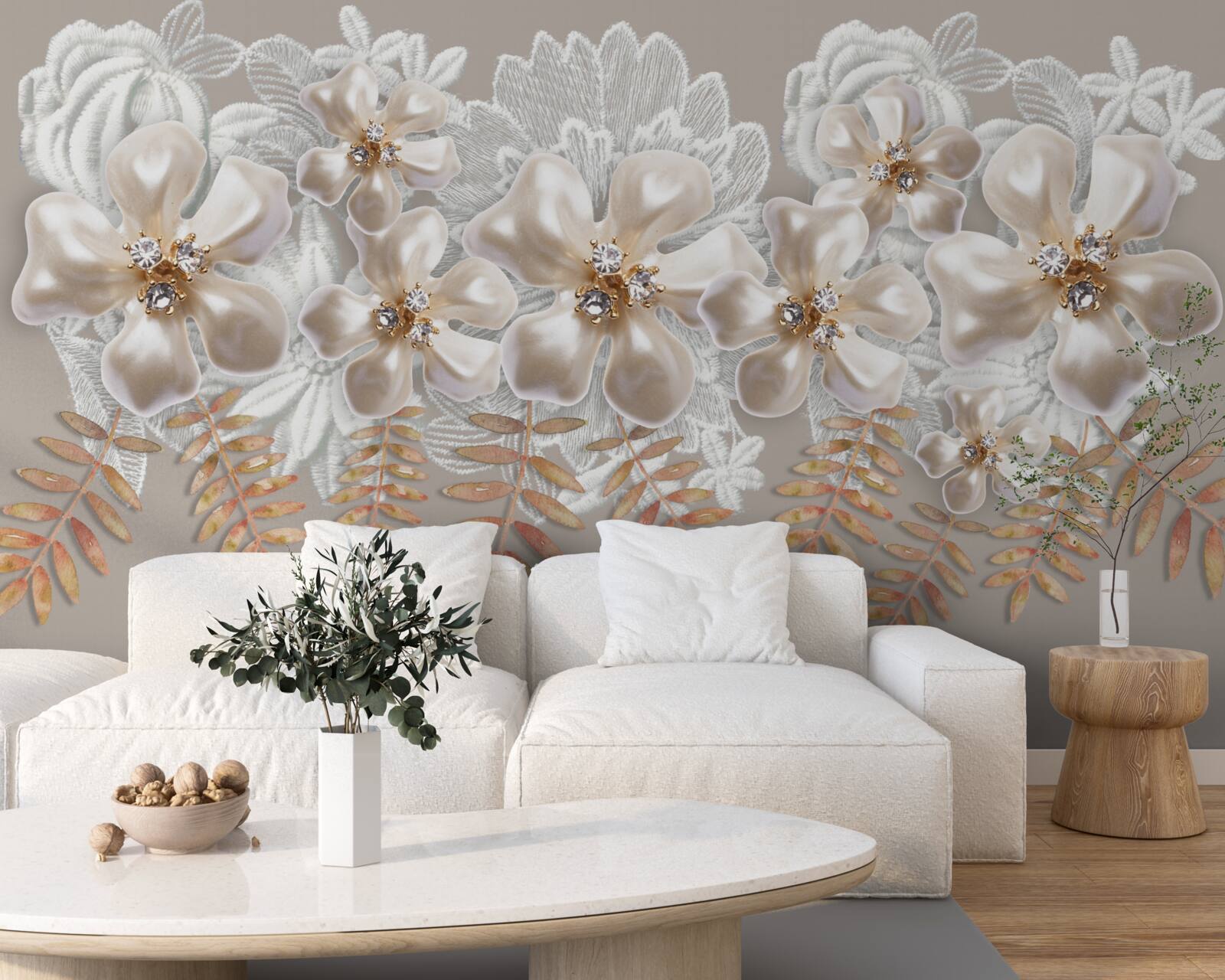 Fototapeten Weiße Knospen, glänzend vor heller Schönheit, an goldenen Zweigen