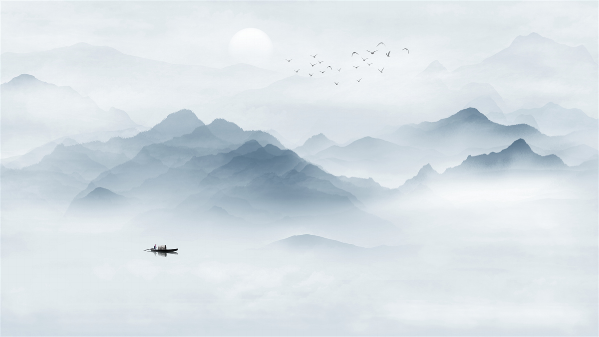 Fototapeten Der Nebel wurde in den Bergen eingedickt und der Fischer war allein mit sich selbst