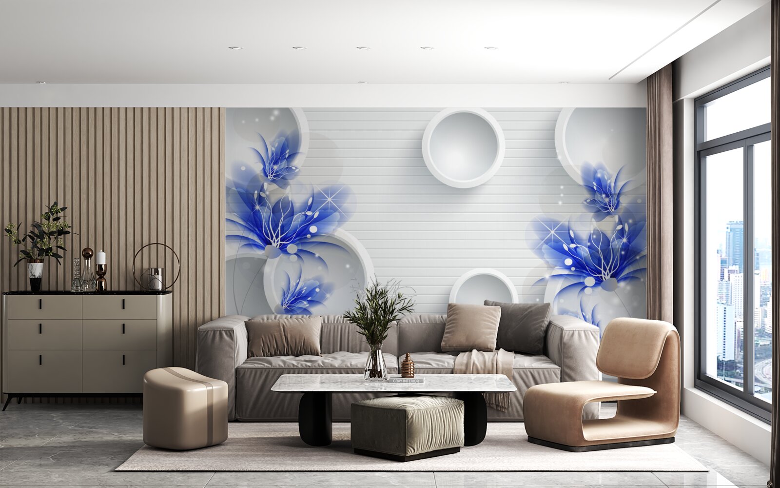 Fototapeten Auf einem abstrakten Hintergrund mit Rädern gibt es blaue Knospen