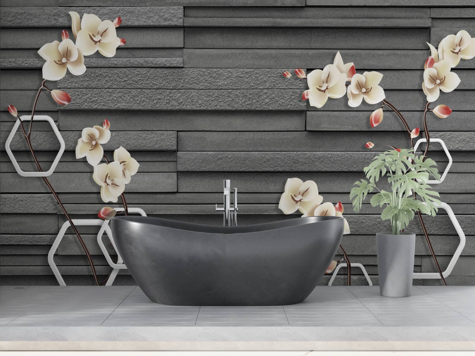 Fototapeten Schwarze Steinmauer mit weißen Blumen dekoriert
