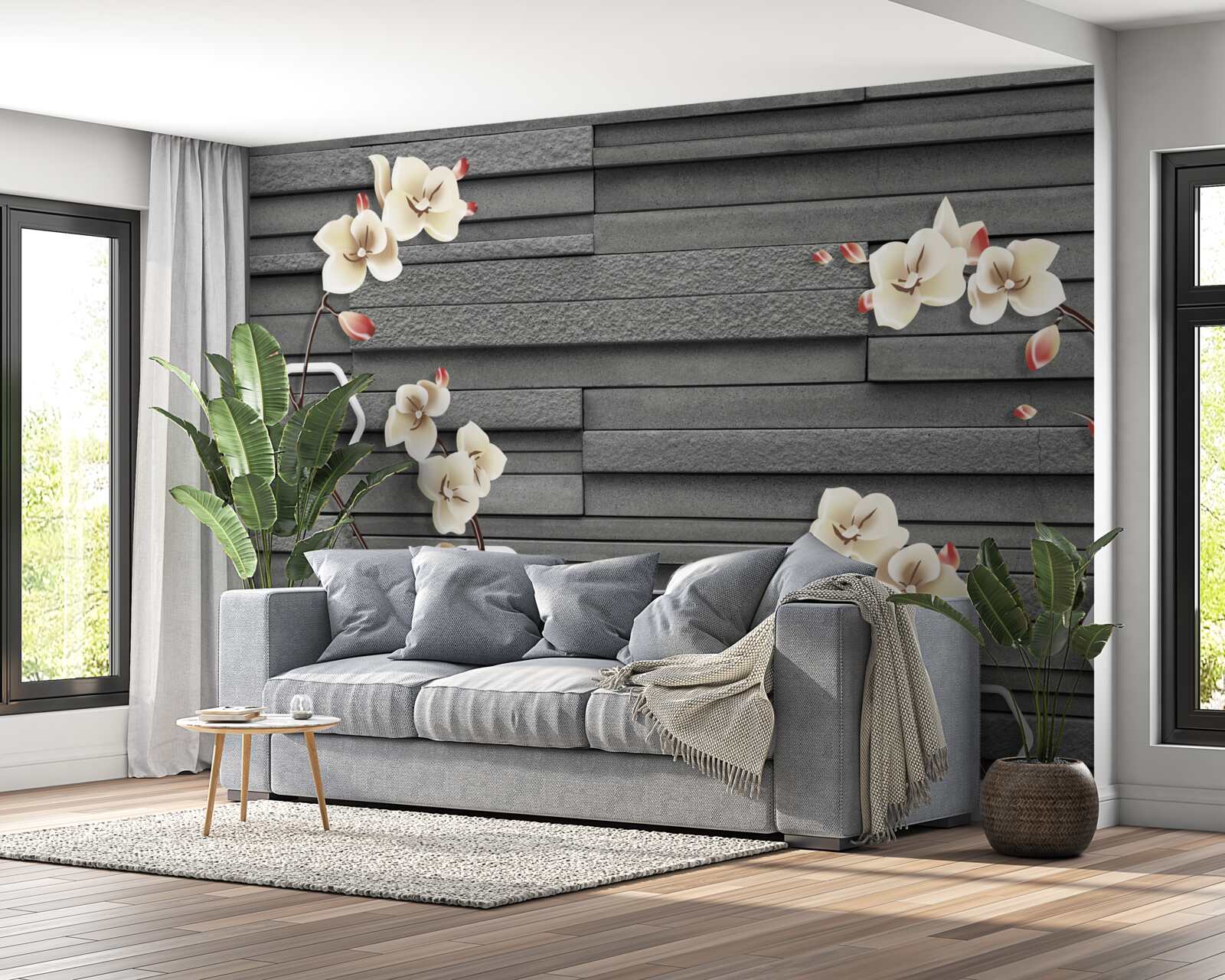 Fototapeten Schwarze Steinmauer mit weißen Blumen dekoriert