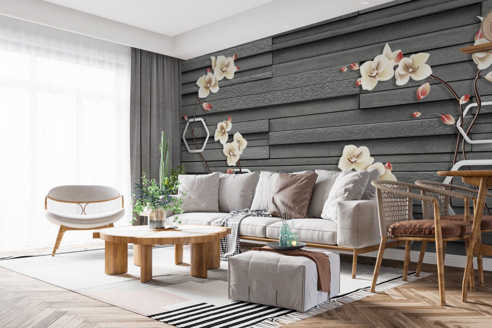 Fototapeten Schwarze Steinmauer mit weißen Blumen dekoriert