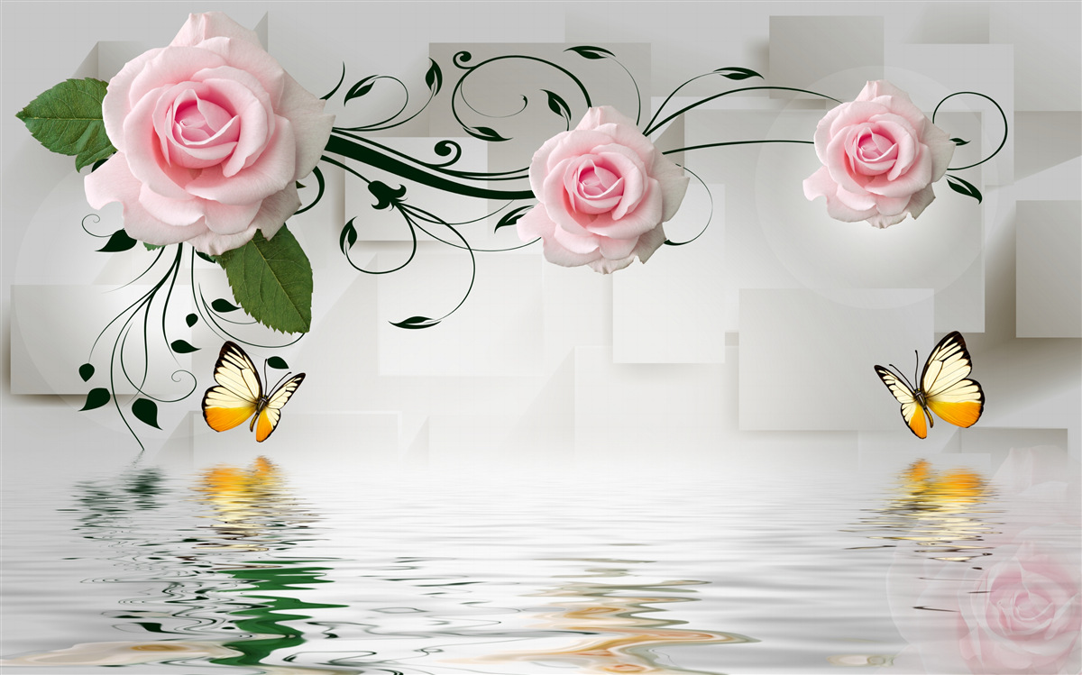 Fototapeten Schmetterlinge über dem Wasser in der Nähe des Rosezweigs mit einem zarten rosa Farbton