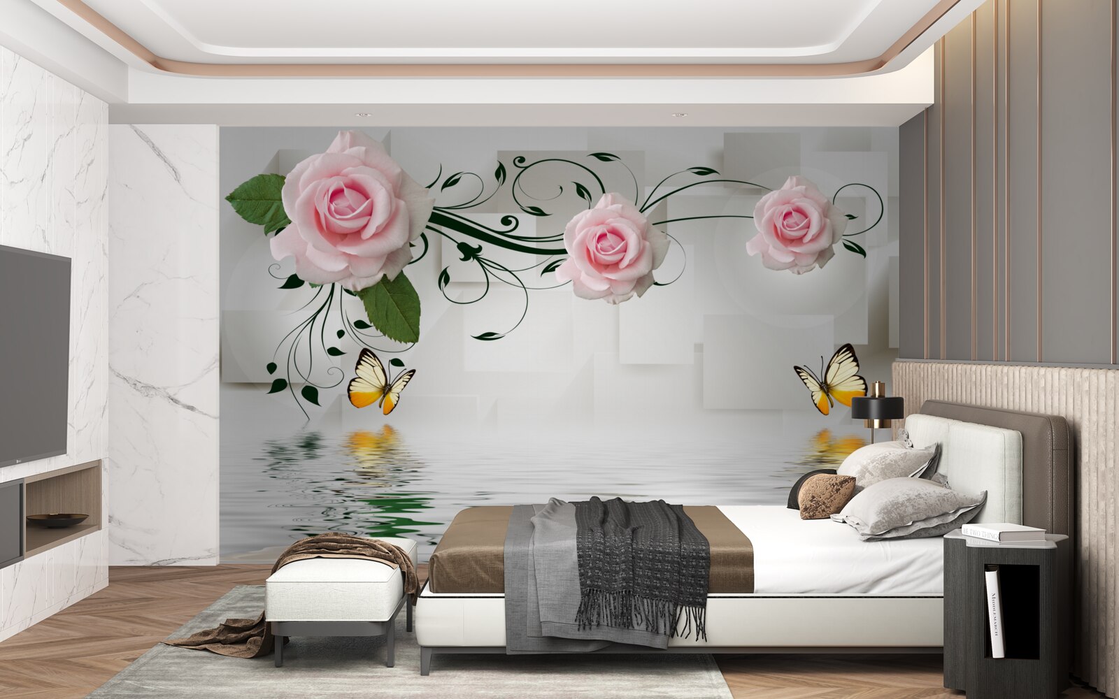 Fototapeten Schmetterlinge über dem Wasser in der Nähe des Rosezweigs mit einem zarten rosa Farbton