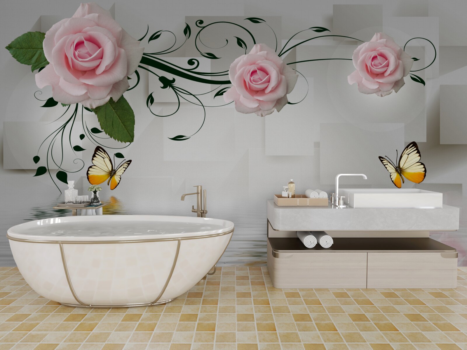 Fototapeten Schmetterlinge über dem Wasser in der Nähe des Rosezweigs mit einem zarten rosa Farbton