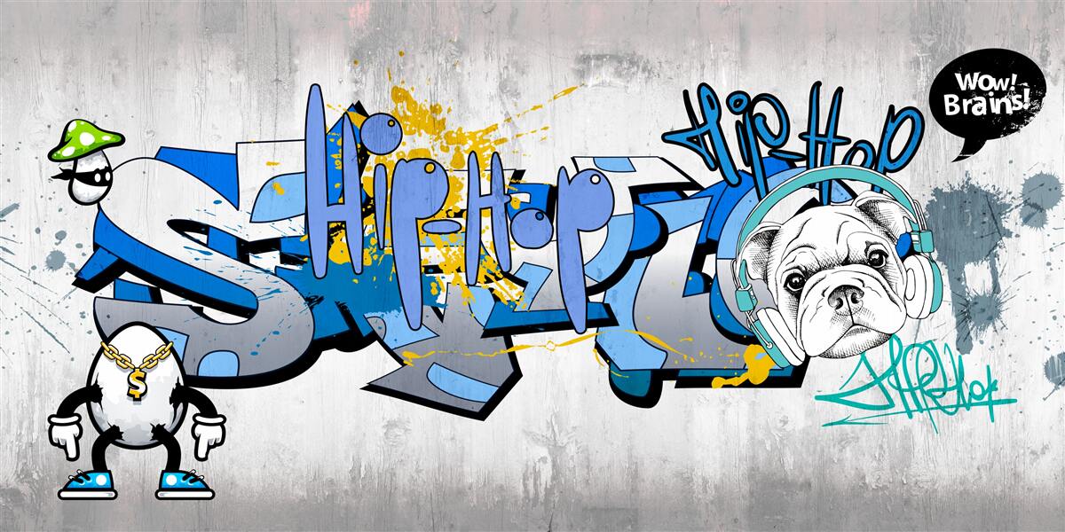 Fototapeten Graffiti an der Wand mit einem Foto des Hundes in den Kopfhörern