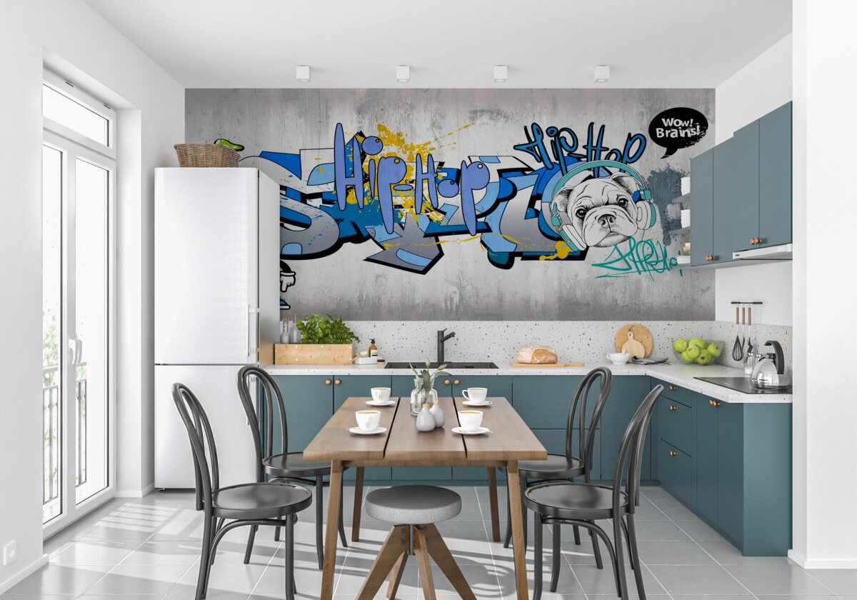 Fototapeten Graffiti an der Wand mit einem Foto des Hundes in den Kopfhörern