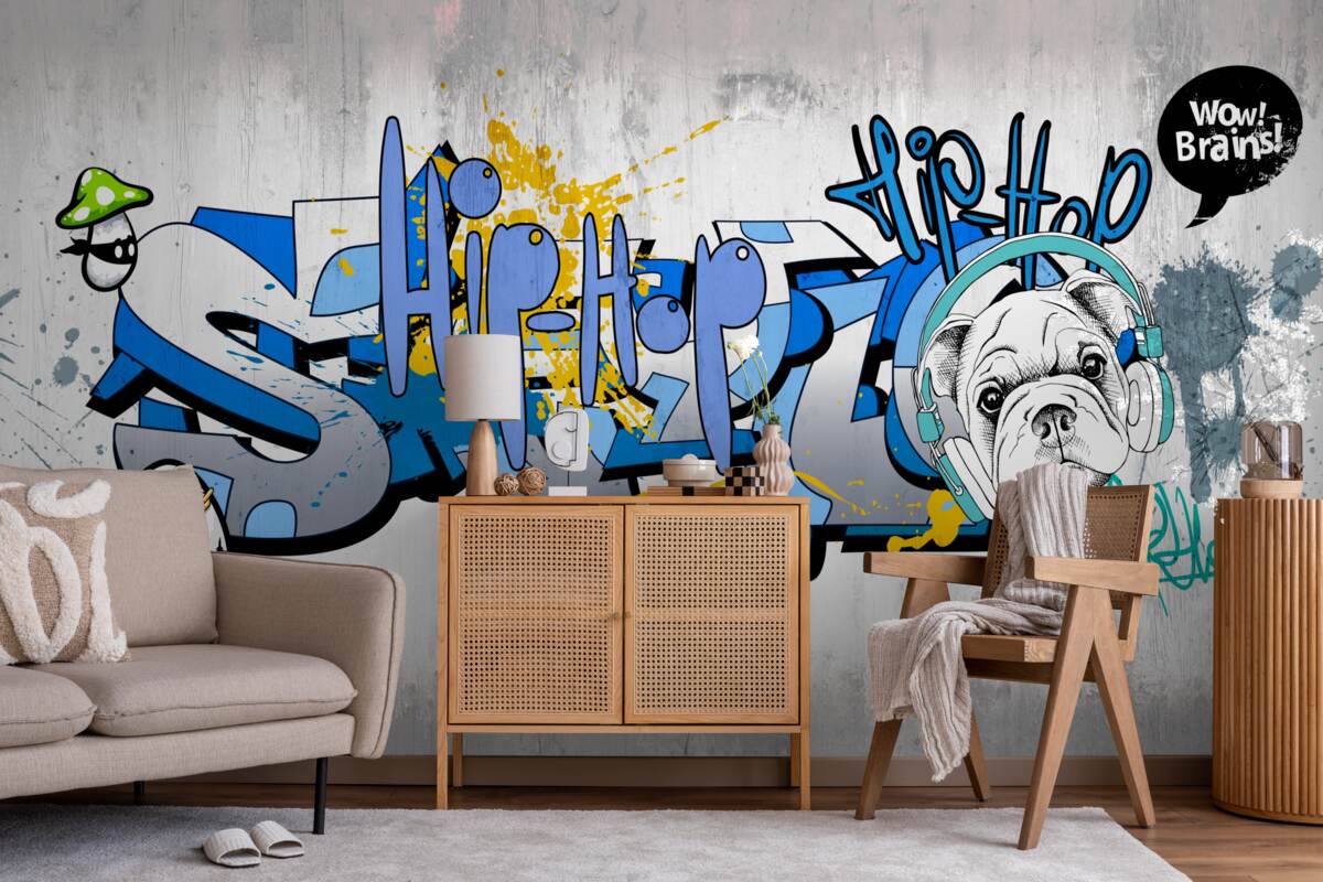 Fototapeten Graffiti an der Wand mit einem Foto des Hundes in den Kopfhörern