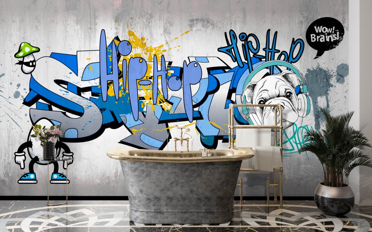 Fototapeten Graffiti an der Wand mit einem Foto des Hundes in den Kopfhörern