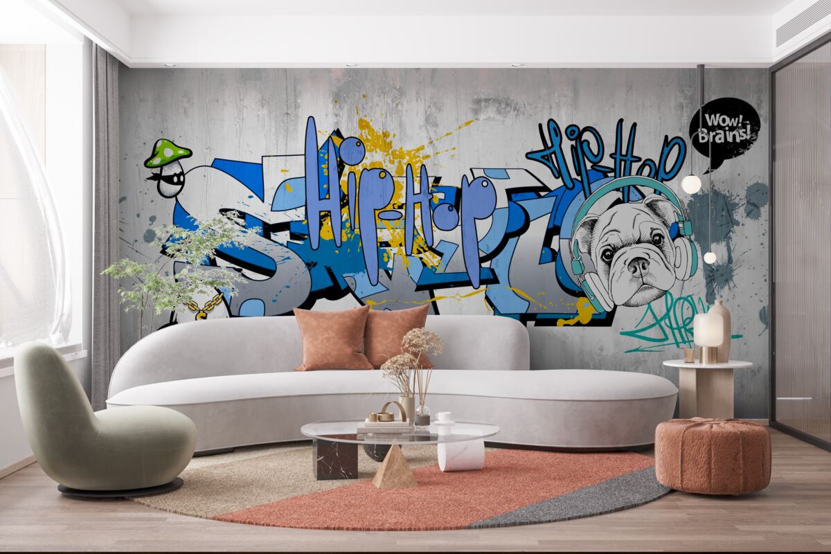 Fototapeten Graffiti an der Wand mit einem Foto des Hundes in den Kopfhörern