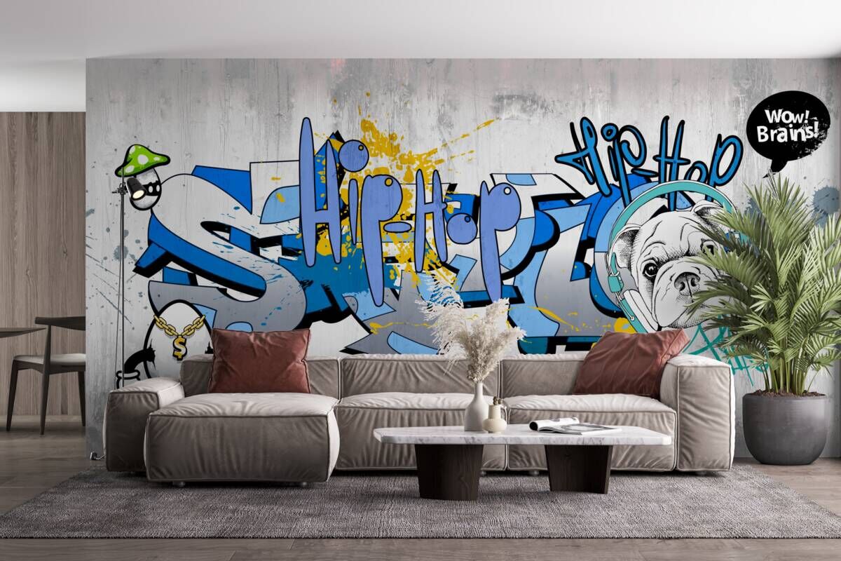 Fototapeten Graffiti an der Wand mit einem Foto des Hundes in den Kopfhörern