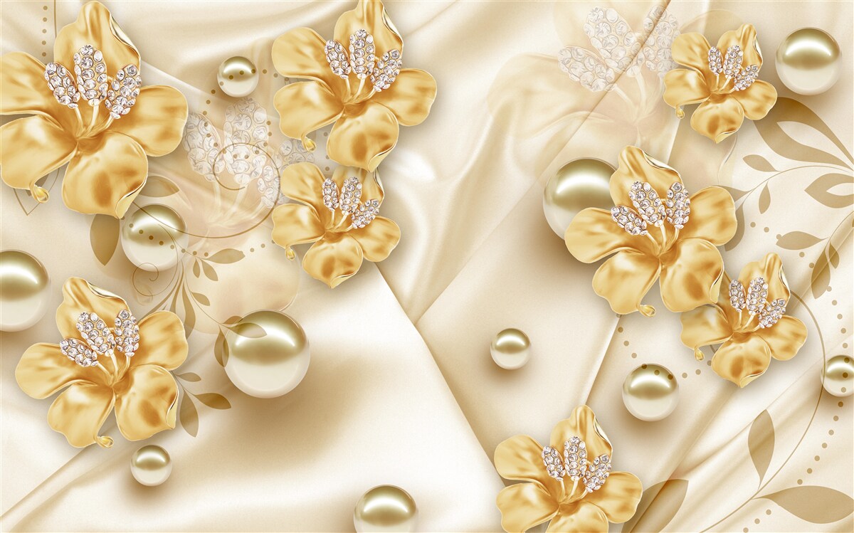 Fototapeten Seidenstoff ist mit Gold- und Perlenblumen dekoriert