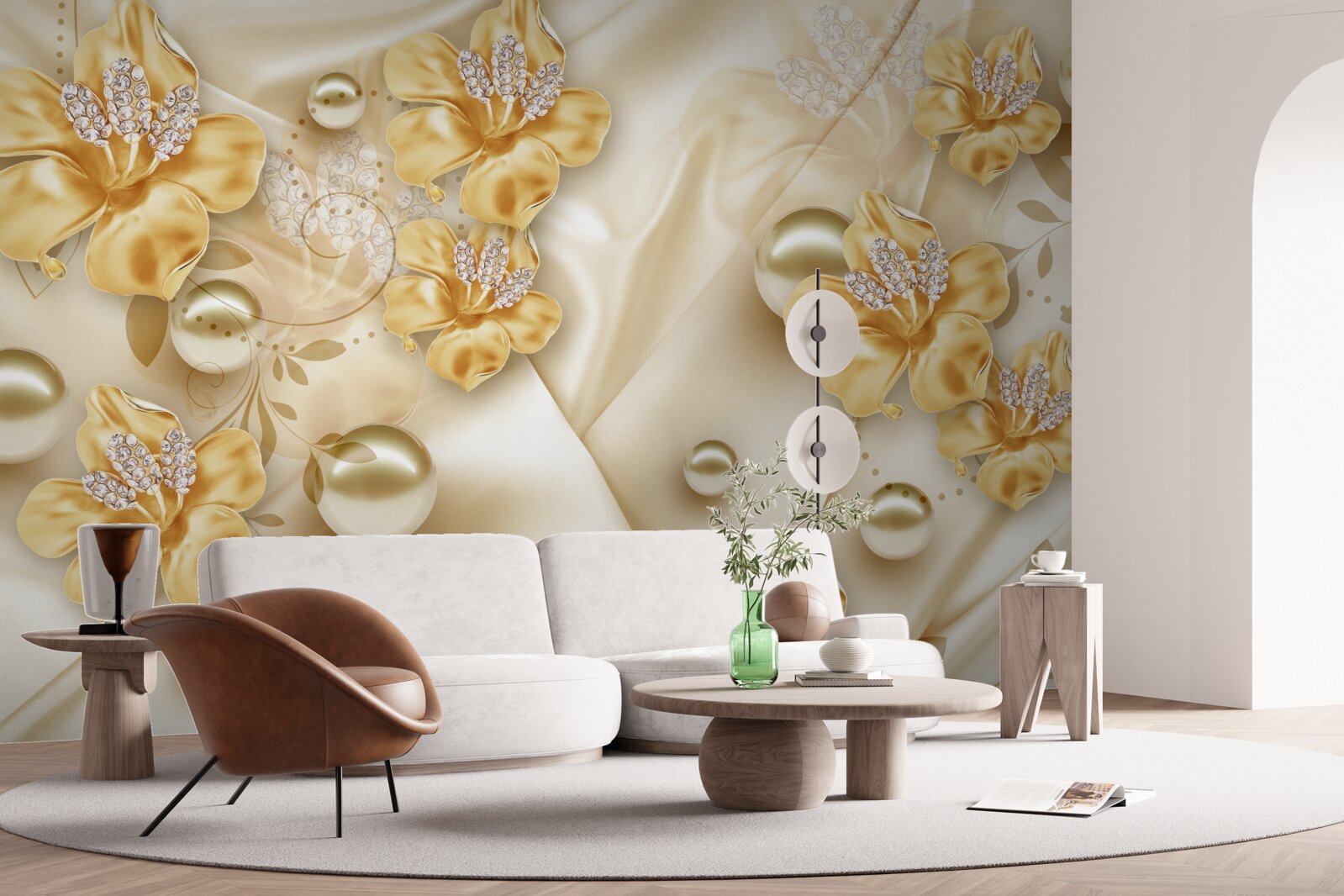 Fototapeten Seidenstoff ist mit Gold- und Perlenblumen dekoriert