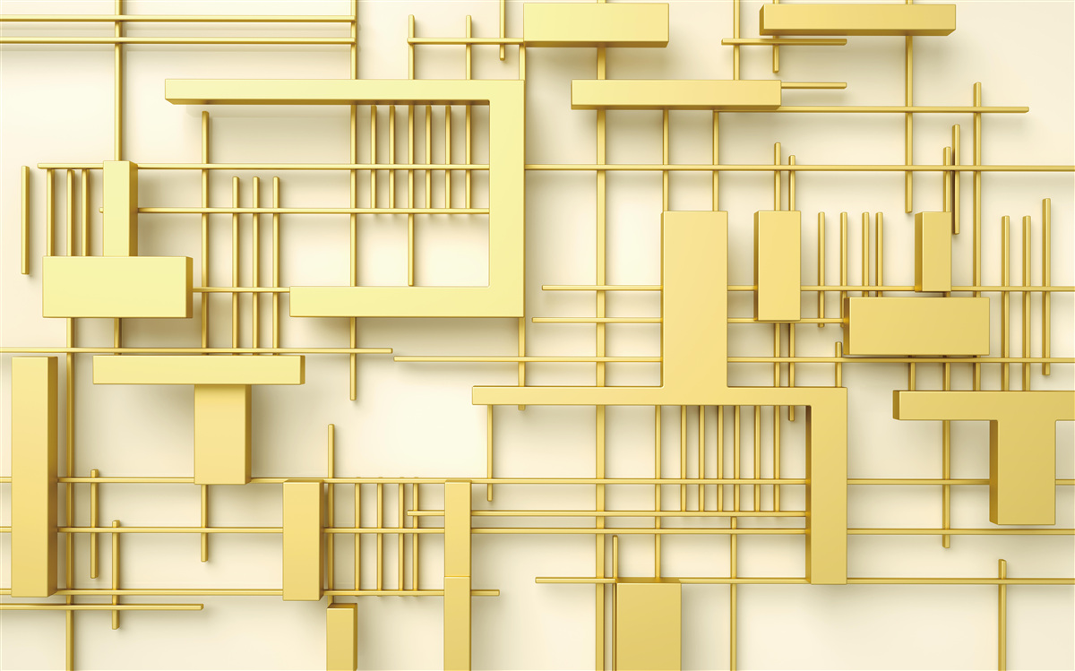 Fototapeten Geometrische Formen aus Gold, die auf ein goldenes Netz platziert ist