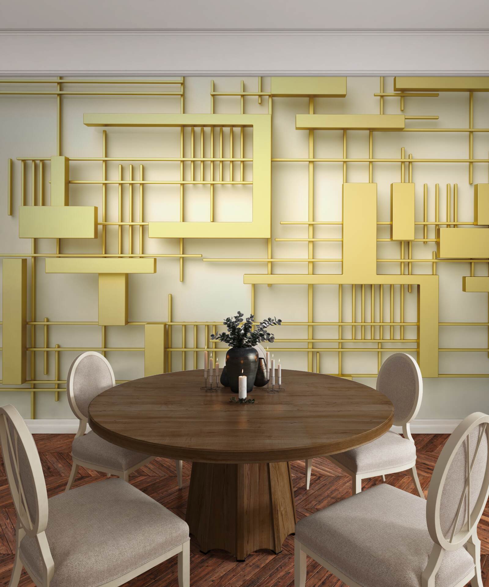 Fototapeten Geometrische Formen aus Gold, die auf ein goldenes Netz platziert ist